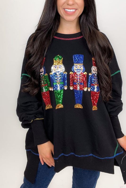 Christmas sequin print crew neck long sleeve sweatshirt